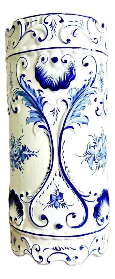 Vintage Boho Hand Painted Ceramic Umbrella Stand 17 inches Ivory: Vintage Boho Hand Painted Ceramic Umbrella Stand 17 inches Ivory This vintage boho umbrella stand is a stunning ceramic vessel adorned with intricate blue-and-white hand-painted floral and scroll moti