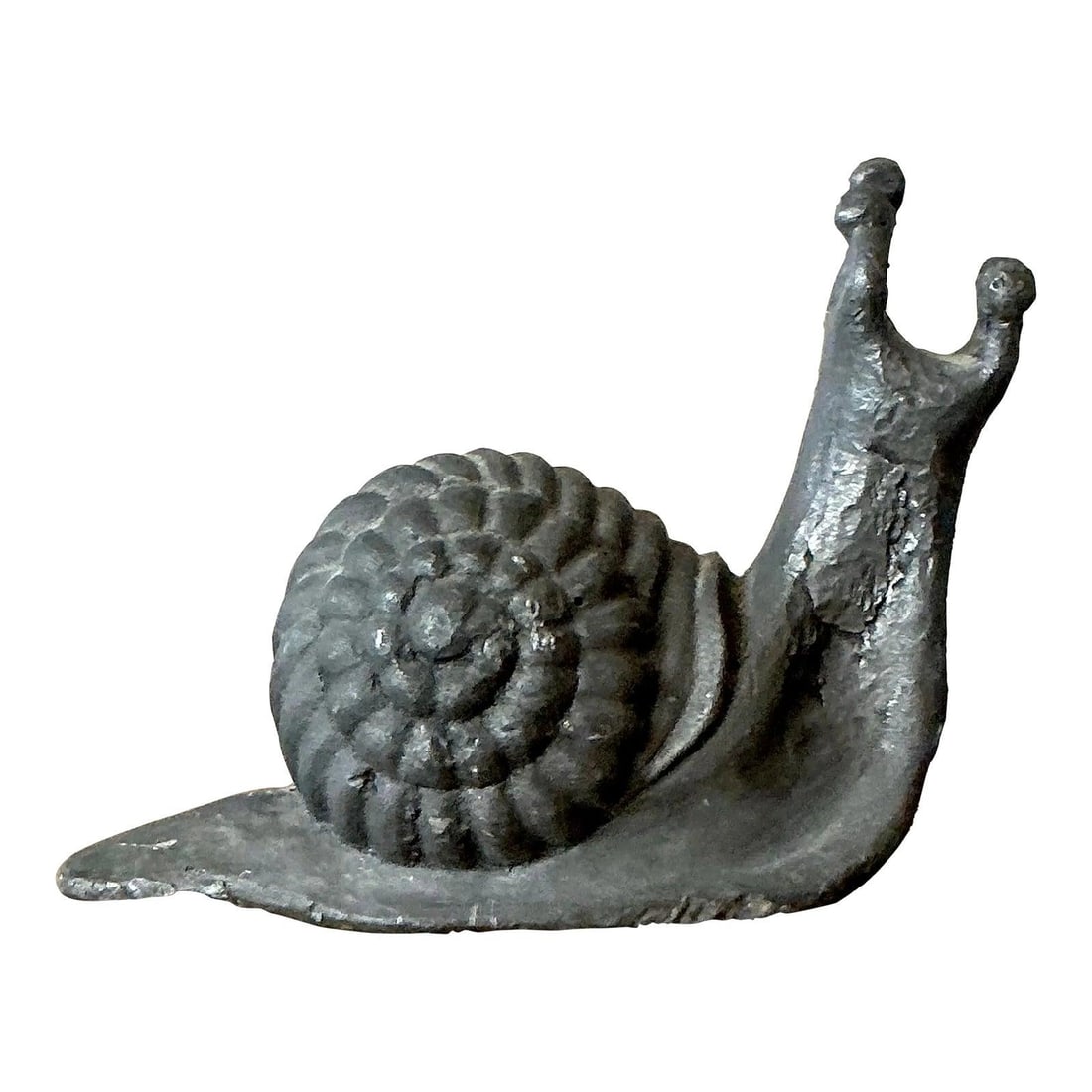 Lead Snail Sculpture with Textured Shell Vintage Patina 8.5 Inch: Lead Snail Sculpture with Textured Shell Vintage Patina 8.5 Inch This vintage snail sculpture is crafted from heavy lead, featuring a textured spiral shell and raised antennae. Its dark, weathered fin