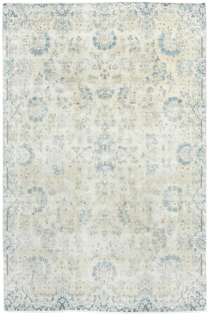 Vintage Hand-Knotted Floral Wool Rug 7'5 x 11'0 Beige Blue Brown: Vintage Hand-Knotted Floral Wool Rug 7'5 x 11'0 Beige Blue Brown Enhance your living space with this exquisite Muted Beige Floral Distressed Oriental Rug, measuring 7'5" x 11'0". Crafted in Western As