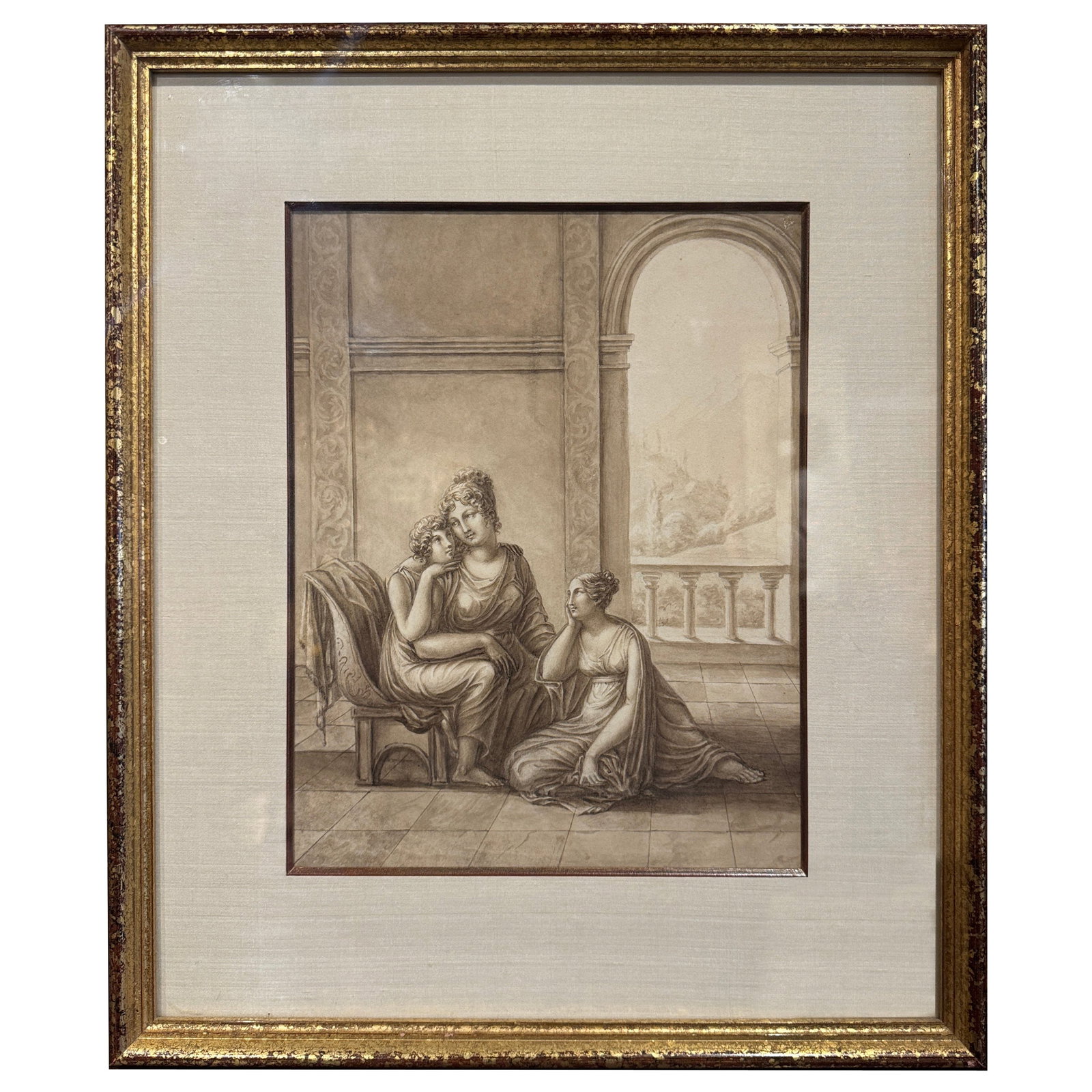 19th Century French Neoclassical Grisaille Painting in Giltwood Frame: 19th Century French Neoclassical Grisaille Painting in Giltwood Frame This exquisite 19th Century French Neoclassical "Grisaille" painting showcases a hand-painted scene of two classical women figures