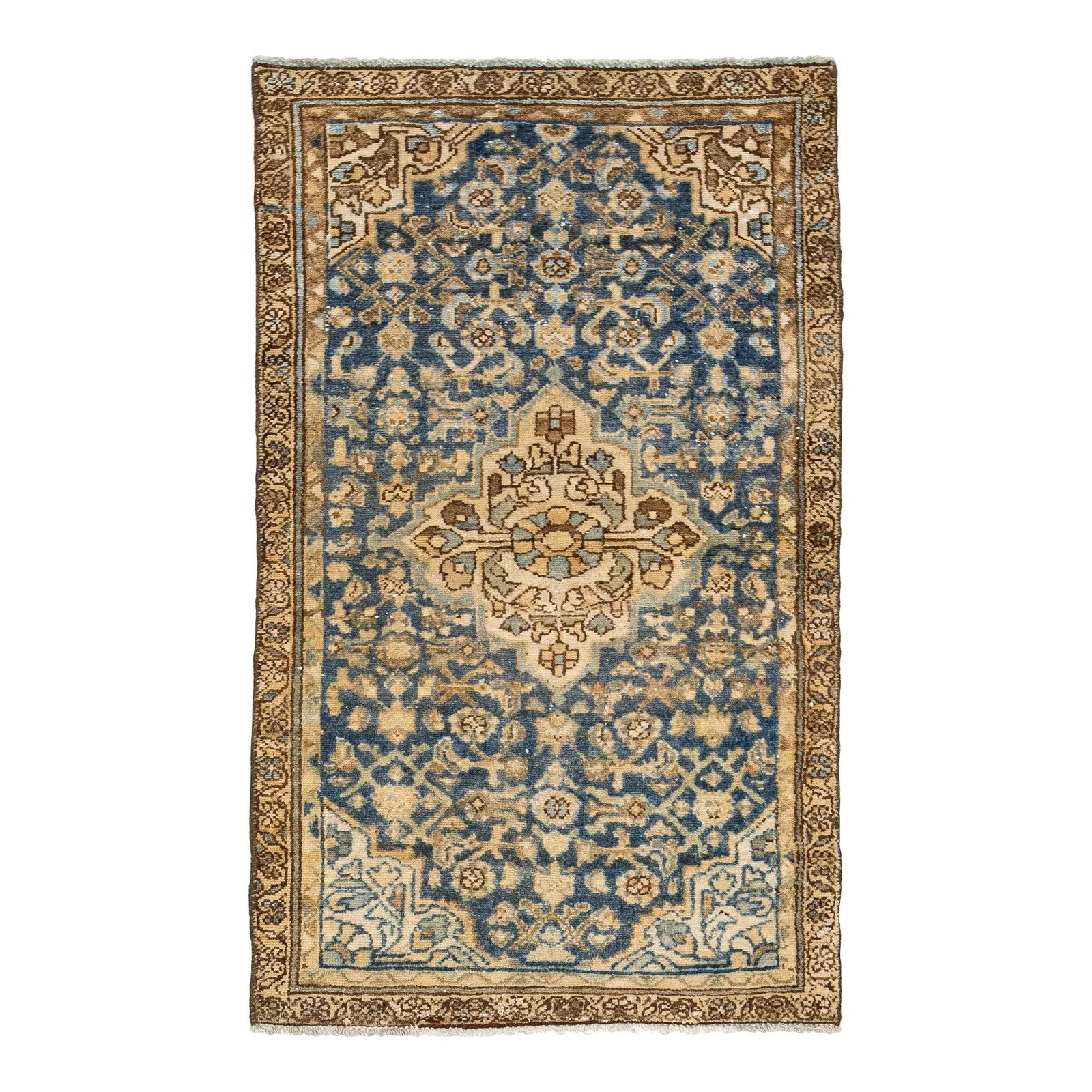 Antique Persian Hamadan Blue Wool Rug 2'4" x 3'10": Antique Persian Hamadan Blue Wool Rug 2'4" x 3'10" Experience the timeless beauty of this Antique Hamadan rug, meticulously hand-knotted from premium wool. The rug features a rich blue field adorned w