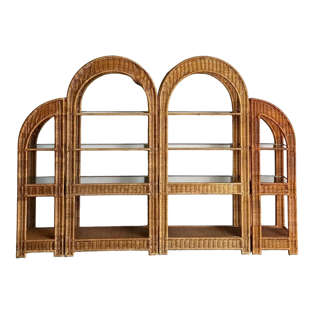 Three-Piece Arched Rattan Wall Unit With Glass Shelves Boho Style (1 of 7)