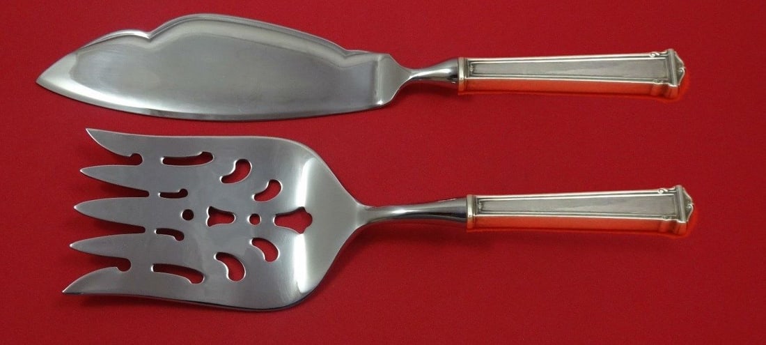 2 Piece Fish Serving Set International Theseum Sterling Silver HHWS: 2 Piece Fish Serving Set International Theseum Sterling Silver HHWS Custom-made Theseum by International sterling silver hollow handle fish serving set with stainless fish serving implements. The two-