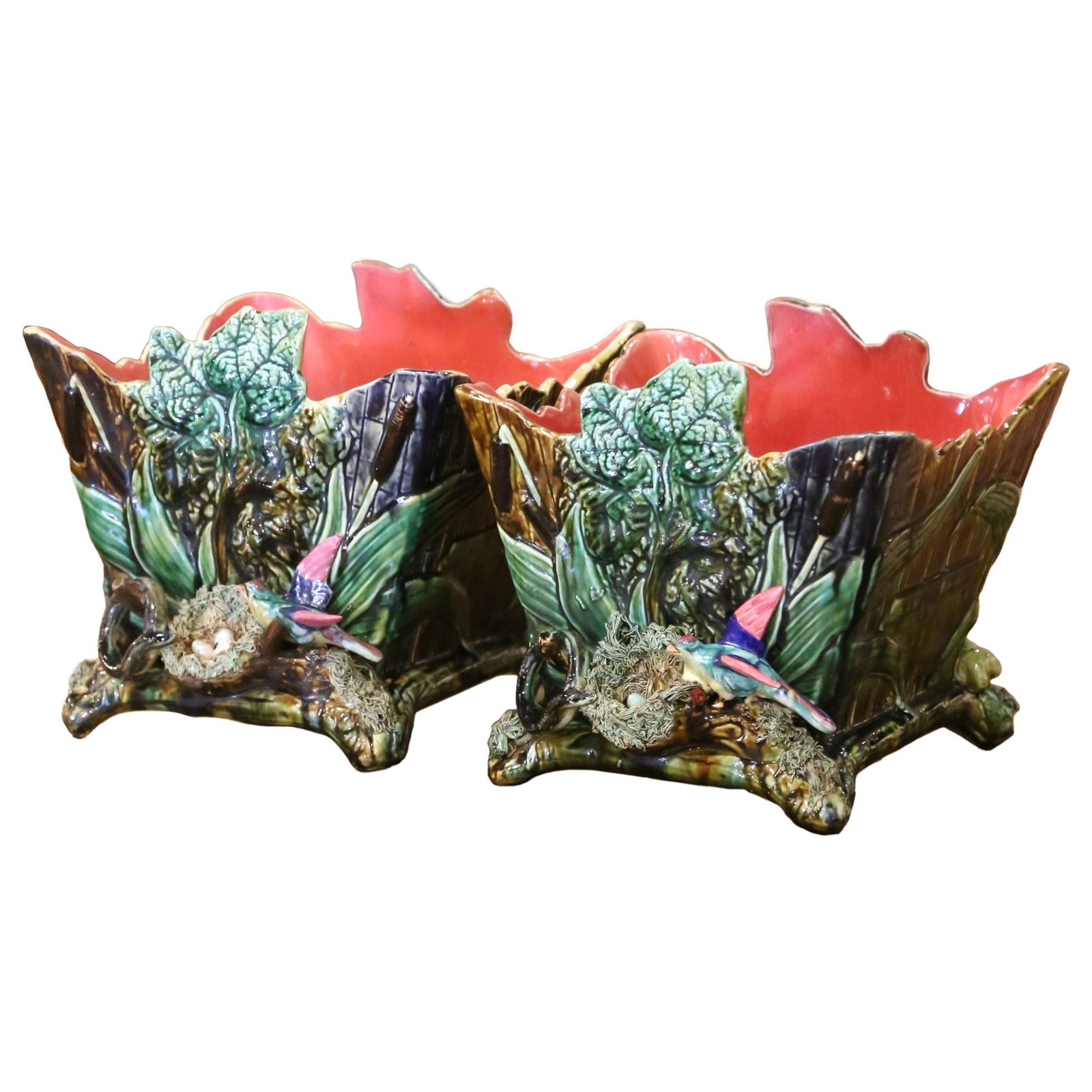 Pair French Barbotine Majolica Jardinieres with Bird Foliage Motif: Pair French Barbotine Majolica Jardinieres with Bird Foliage Motif Pair of late 19th century French Barbotine majolica jardinieres attributed to Joseph L'hermine-Declercq. Crafted in Orchies, Northern