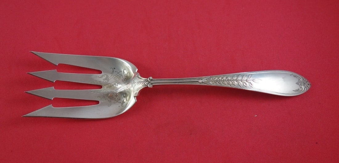 Gorham Palm Sterling Silver Fish Serving Fork Bright-Cut 9 1/8" (1 of 2)