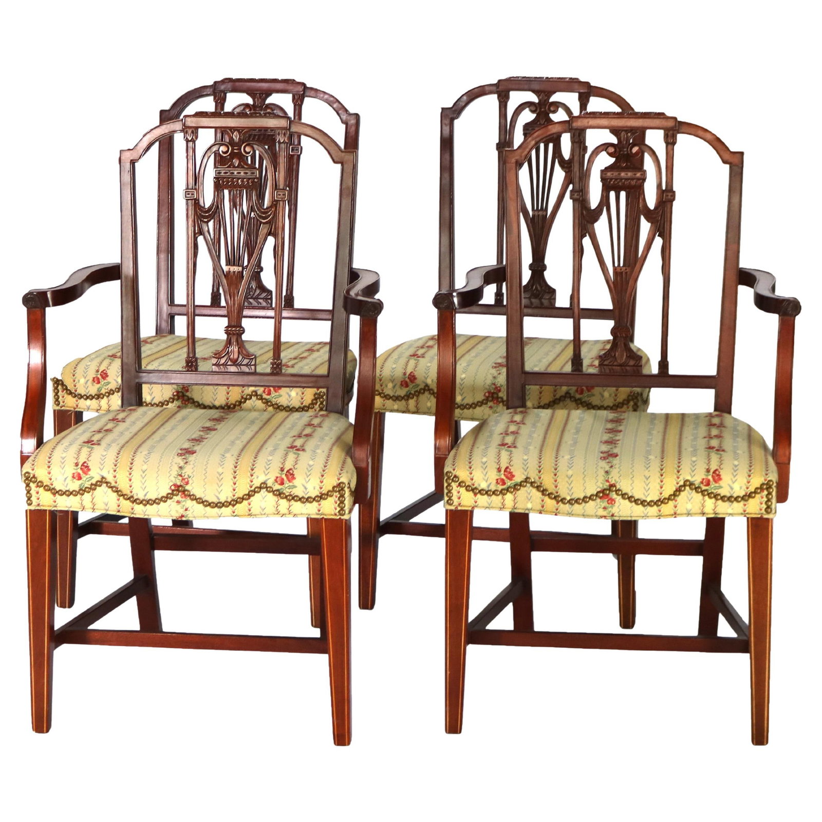 Set of 4 Antique Hepplewhite Shield Back Chairs by Mt. Vernon Hickory Chair Co: Set of 4 Antique Hepplewhite Shield Back Chairs by Mt. Vernon Hickory Chair Co This set of four antique Hepplewhite-style shield back chairs, crafted by Mt. Vernon Hickory Chair Co. around 1930, showc