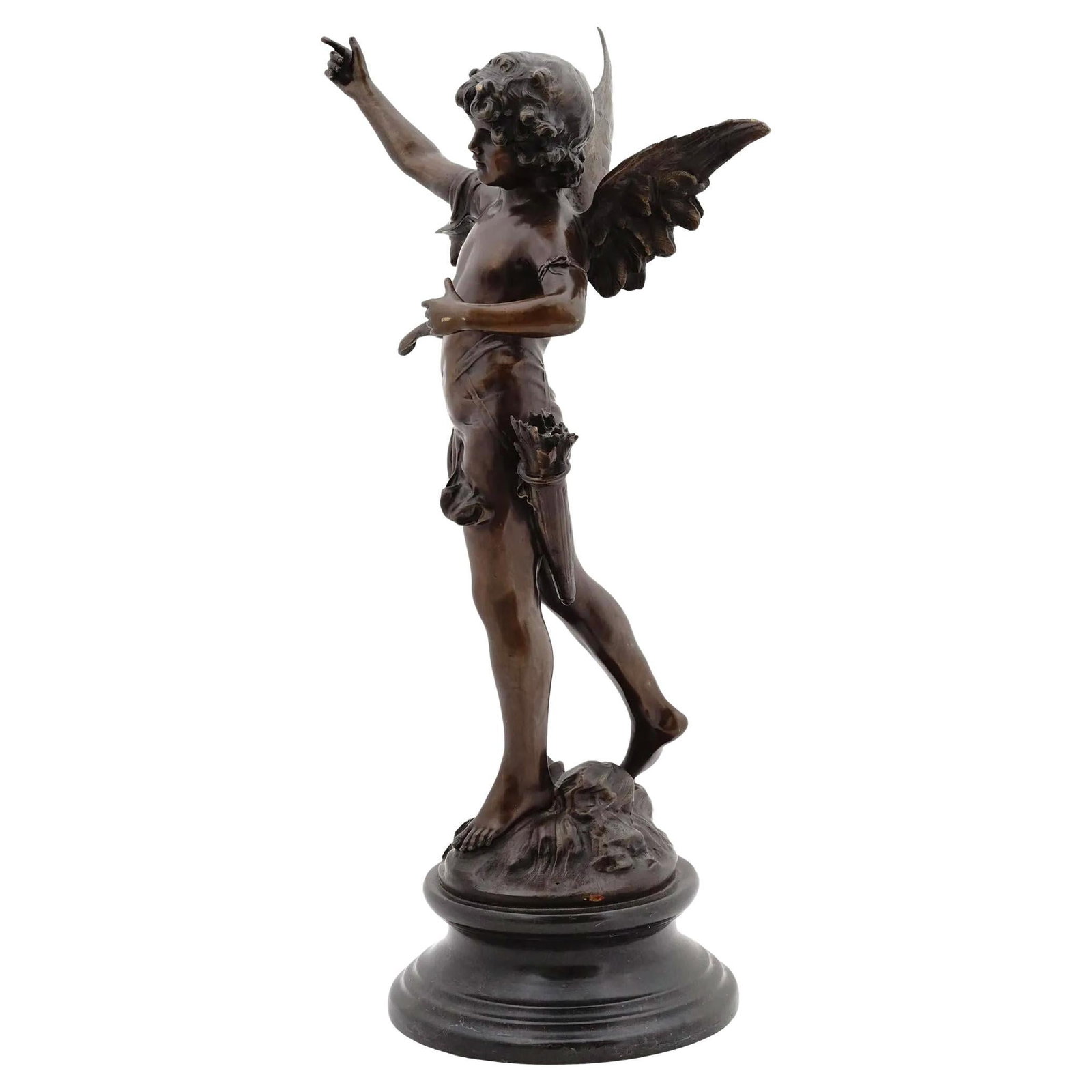 Early 20th Century French Bronze Cupid Sculpture After Auguste Moreau: Early 20th Century French Bronze Cupid Sculpture After Auguste Moreau This is a French bronze sculpture of Cupid, created in the style of Auguste Moreau (1834-1917). The statue features a neoclassical