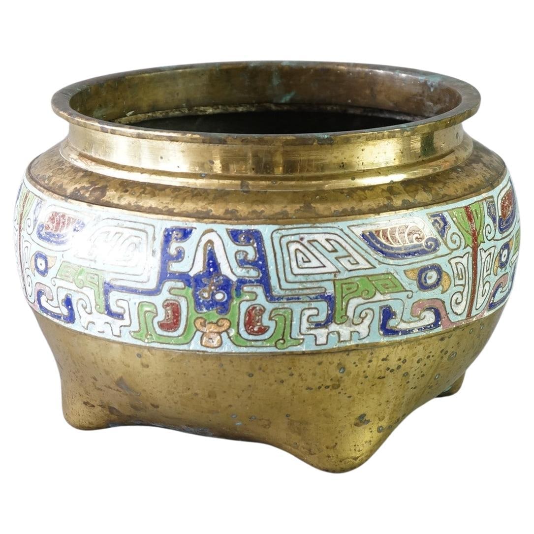 Bronze Footed Jardiniere with Enameled Decoration Asian 20th Century (1 of 8)