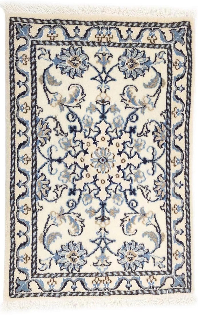 Hand-Knotted Wool Nain Area Rug Cream Floral Indian Vintage 1'11 x 2'10: Hand-Knotted Wool Nain Area Rug Cream Floral Indian Vintage 1'11 x 2'10 This vintage Nain Tabas oriental rug features a classic floral pattern in cream, blue, brown, and purple-navy tones. Hand-knotte