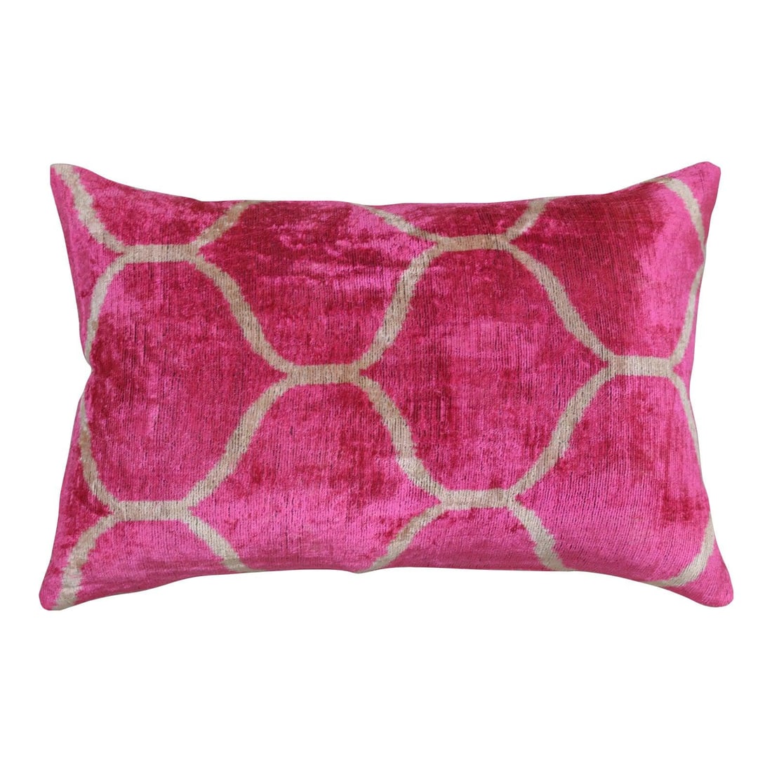 Pink Uzbek Ikat Velvet Pillow with Linen Backing: Pink Uzbek Ikat Velvet Pillow with Linen Backing This handmade Silk Uzbek Ikat velvet pillow cushion features a vibrant pink design with a natural linen backing and a hidden zipper for a refined finis