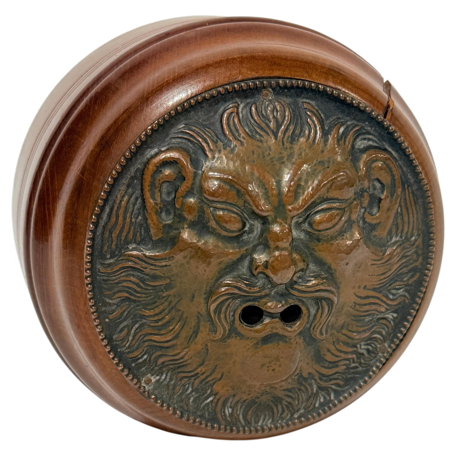 Victorian Wood String Holder with Copper Grotesque Mask Lid England Circa 1900 (1 of 9)