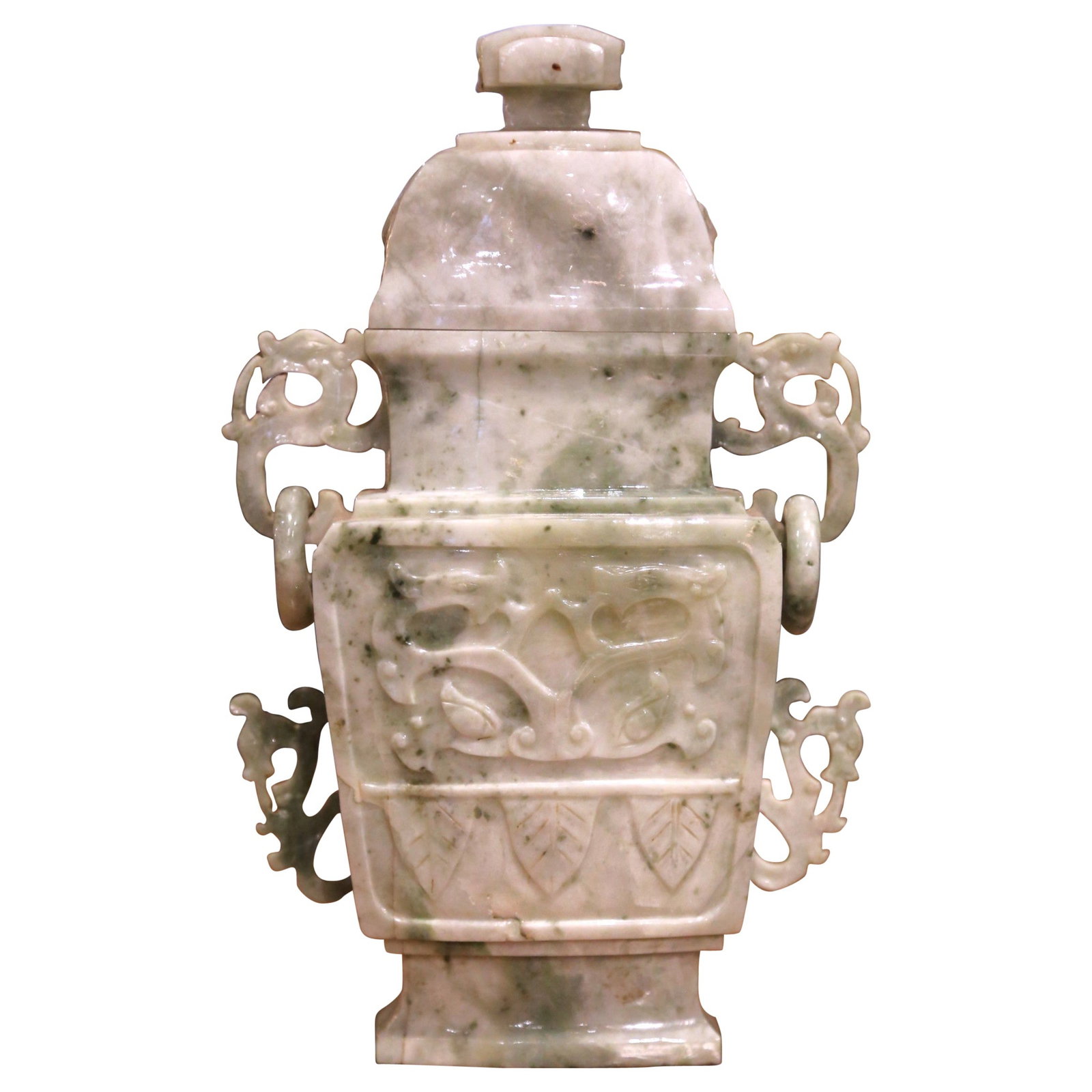 Mid-20th Century Chinese Jade Vase with Lidded Top and Pierced Scroll Handles (1 of 13)