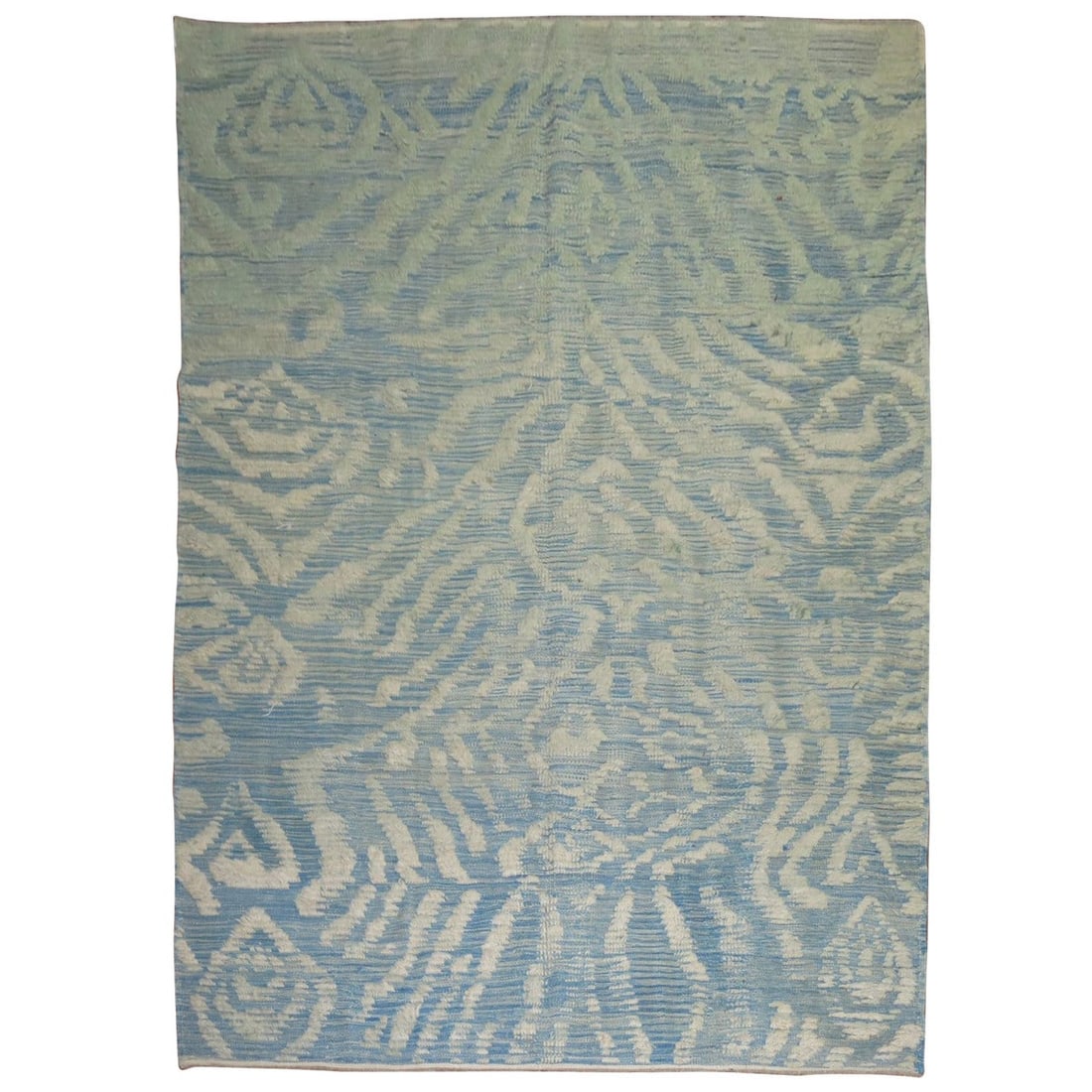 Sky Blue Cream Turkish Souf Kilim Rug 98 x 145 Hand-Knotted Wool: Sky Blue Cream Turkish Souf Kilim Rug 98 x 145 Hand-Knotted Wool Enhance your space with this stunning Blue Cream Turkish Souf Kilim Flat-weave Contemporary Rug. Featuring a captivating combination of