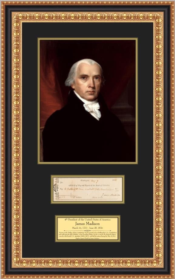 James Madison Replica Signed Check and Portrait in Custom Framed Display: James Madison Replica Signed Check and Portrait in Custom Framed Display This custom-framed display features a facsimile signed check attributed to President James Madison, complemented by an 11" x 14