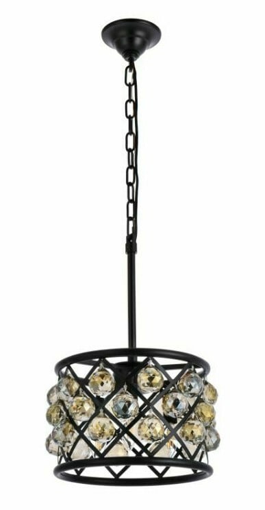 Madison 3-Light Matte Black Crystal Pendant 12 Inch: Madison 3-Light Matte Black Crystal Pendant 12 Inch This modern pendant chandelier features a matte black frame with golden teak royal cut crystal balls, creating a striking centerpiece for any indoor