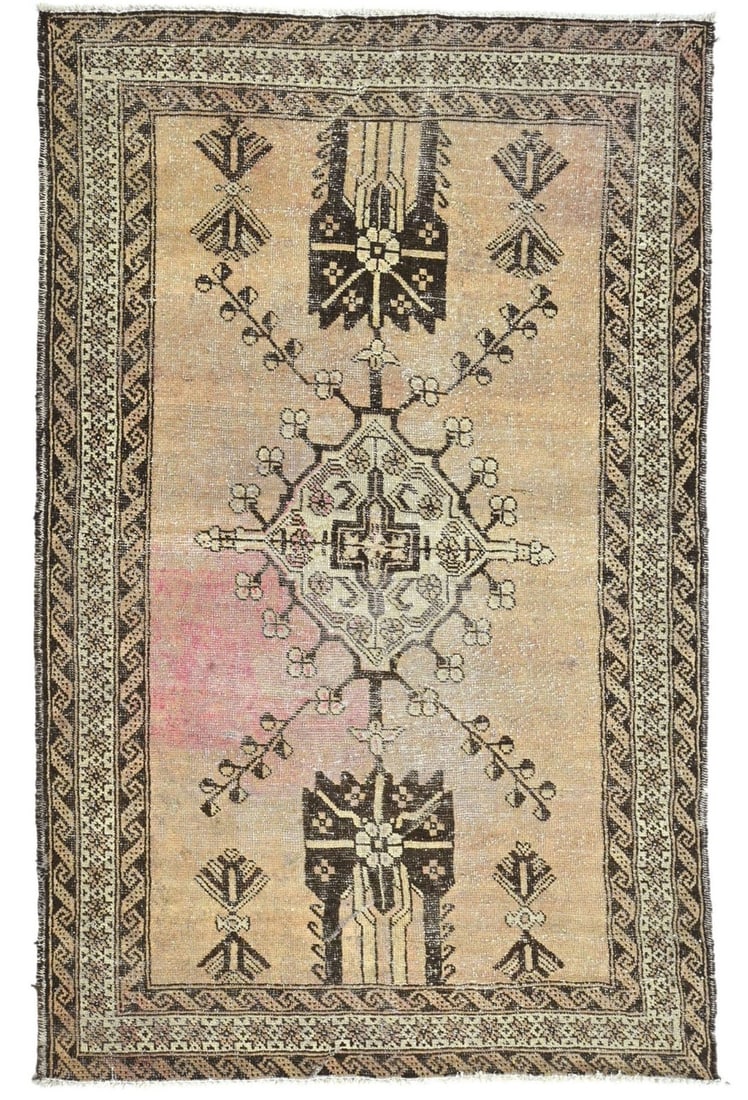 Hand-Knotted Wool Tribal Geometric Rug 4'2 x 6'5 Vintage Muted Colors: Hand-Knotted Wool Tribal Geometric Rug 4'2 x 6'5 Vintage Muted Colors This stunning antique geometric tribal rug showcases a beautiful blend of muted colors, including beige, cream, brown, and faded p
