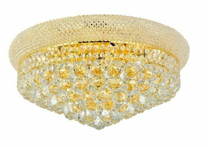 10-Light Crystal Flush Mount Chandelier Primo Gold Plated 20 in: 10-Light Crystal Flush Mount Chandelier Primo Gold Plated 20 in This contemporary flush mount chandelier features a gold-plated finish and is adorned with Royal Cut clear crystal accents. Designed wit