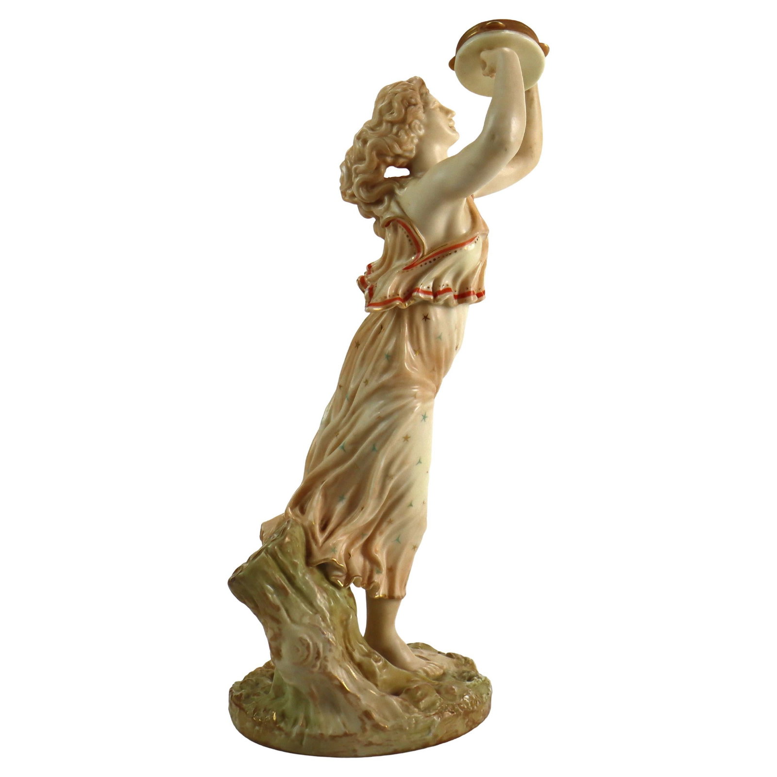 Porcelain Classical Woman with Tambourine Figure by Royal Worcester circa 1890: Porcelain Classical Woman with Tambourine Figure by Royal Worcester circa 1890 This antique Royal Worcester porcelain figure, dating to around 1890, features a classical woman holding a tambourine in 