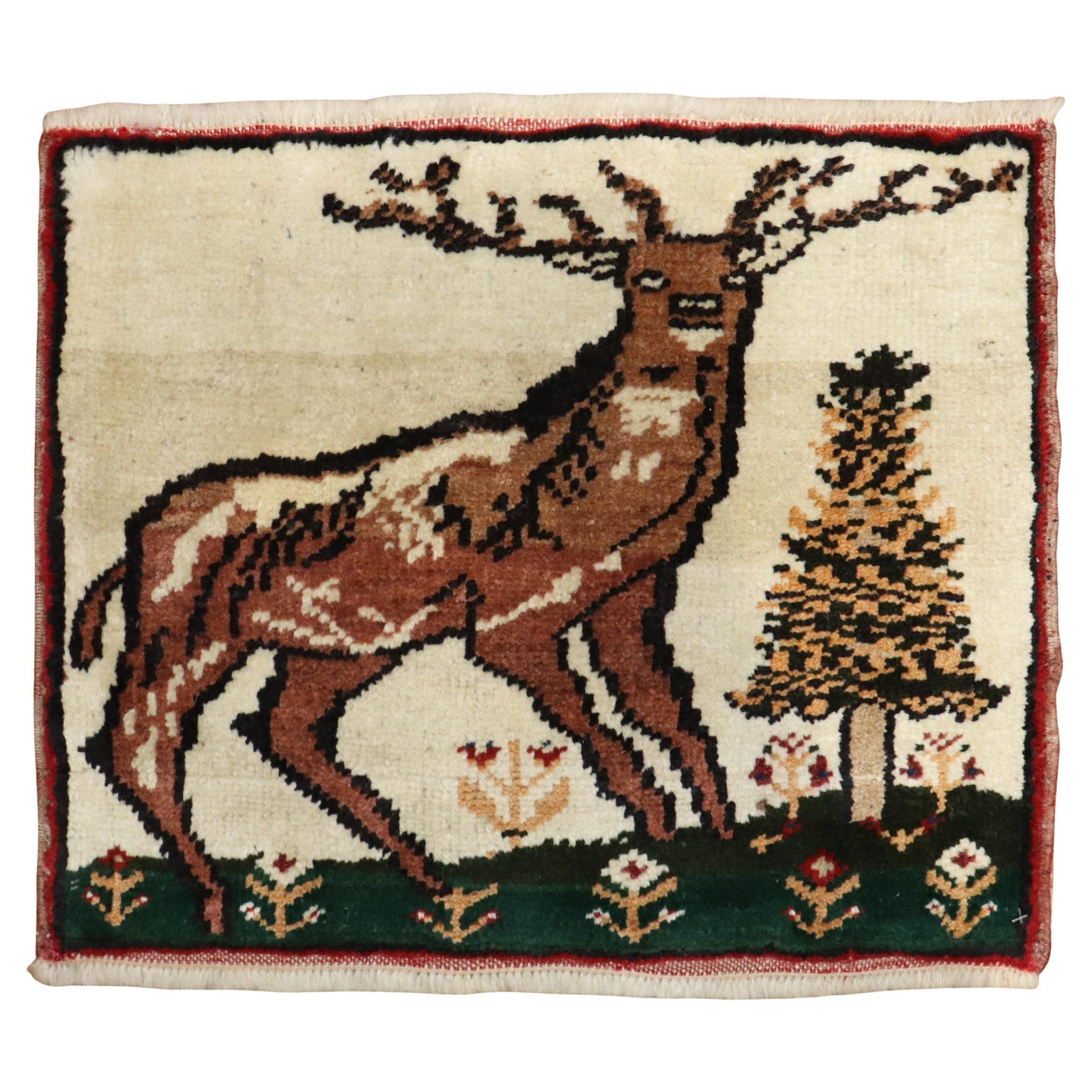 Zabihi Collection Hand-Knotted Deer Mini Turkish Rug 16x20: Zabihi Collection Hand-Knotted Deer Mini Turkish Rug 16x20 This stunning vintage mini rug from the Zabihi Collection features a charming deer design, perfect for adding a touch of character to any spa