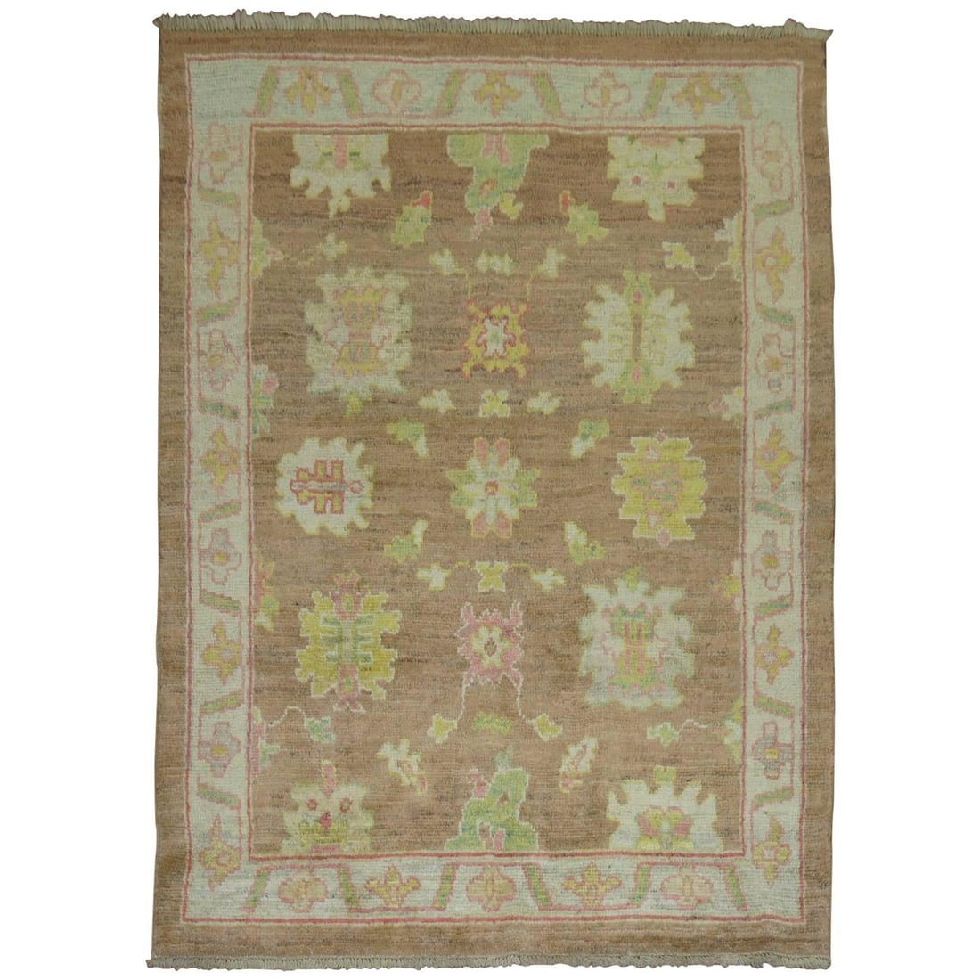 Hand Knotted Wool Oushak Bohemian Rug 62 x 83 in: Hand Knotted Wool Oushak Bohemian Rug 62 x 83 in This vintage inspired Oushak rug features a colorful bohemian design, crafted in Turkey using 100% hand-spun, vegetable-dyed recycled wool. The hand-kn