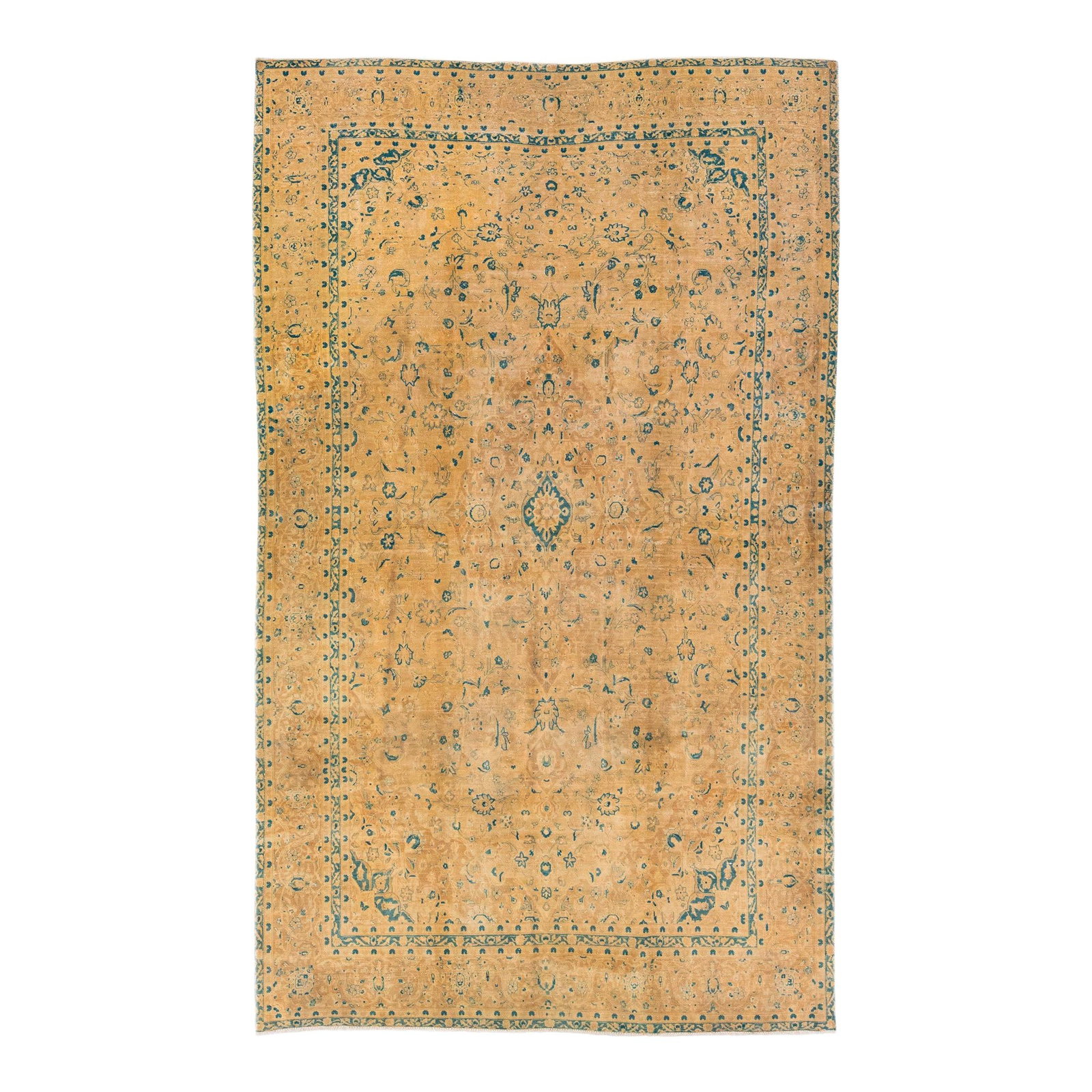 1950s Vintage Tabriz Handmade Wool Rug 9' x 15'5 Tan Shab Abbasi Design: 1950s Vintage Tabriz Handmade Wool Rug 9' x 15'5 Tan Shab Abbasi Design Experience the elegance of this stunning 1950s Vintage Tabriz handmade wool rug. Featuring a rich tan field adorned with blue ac