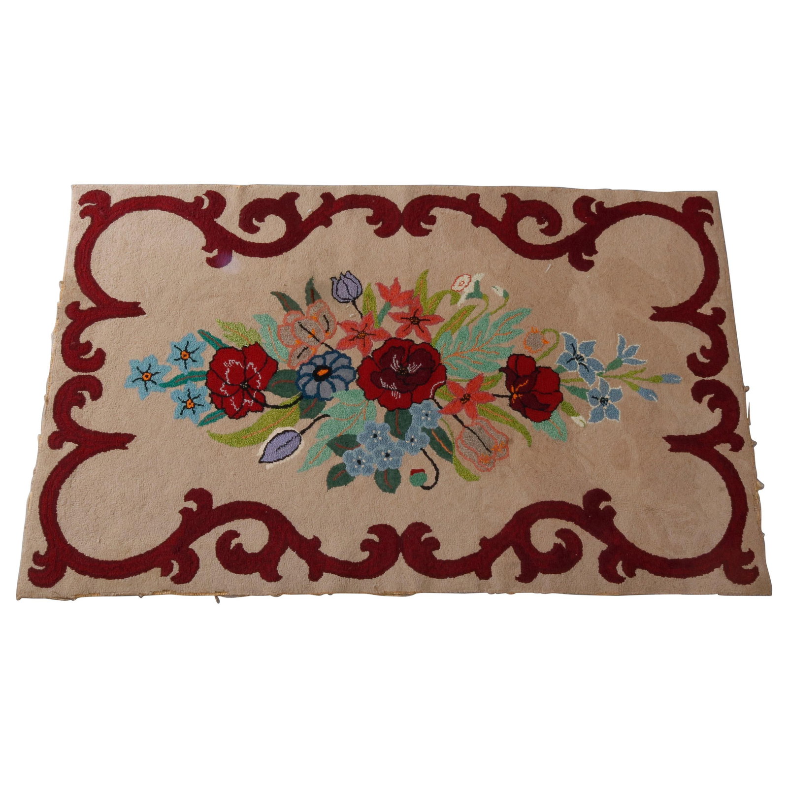1930s French Aubusson Wool Hooked Floral Rug: 1930s French Aubusson Wool Hooked Floral Rug This antique French hooked rug from circa 1930 features a vibrant floral motif at its center, framed by a red-toned scroll border. Crafted from woven wool 