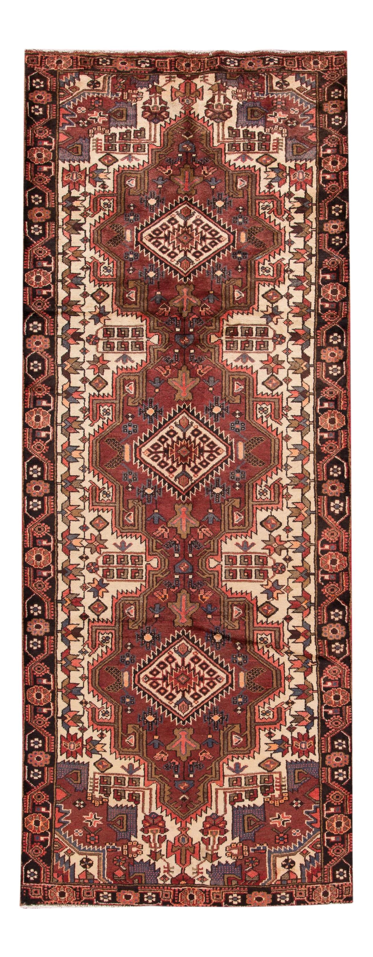 Ivory Vintage Hamadan Handmade Wool Runner 4 x 10'4: Ivory Vintage Hamadan Handmade Wool Runner 4 x 10'4 Enhance your space with this stunning Vintage Hamadan Handmade Wool Runner, featuring a beautiful ivory field adorned with multicolor accents. The a