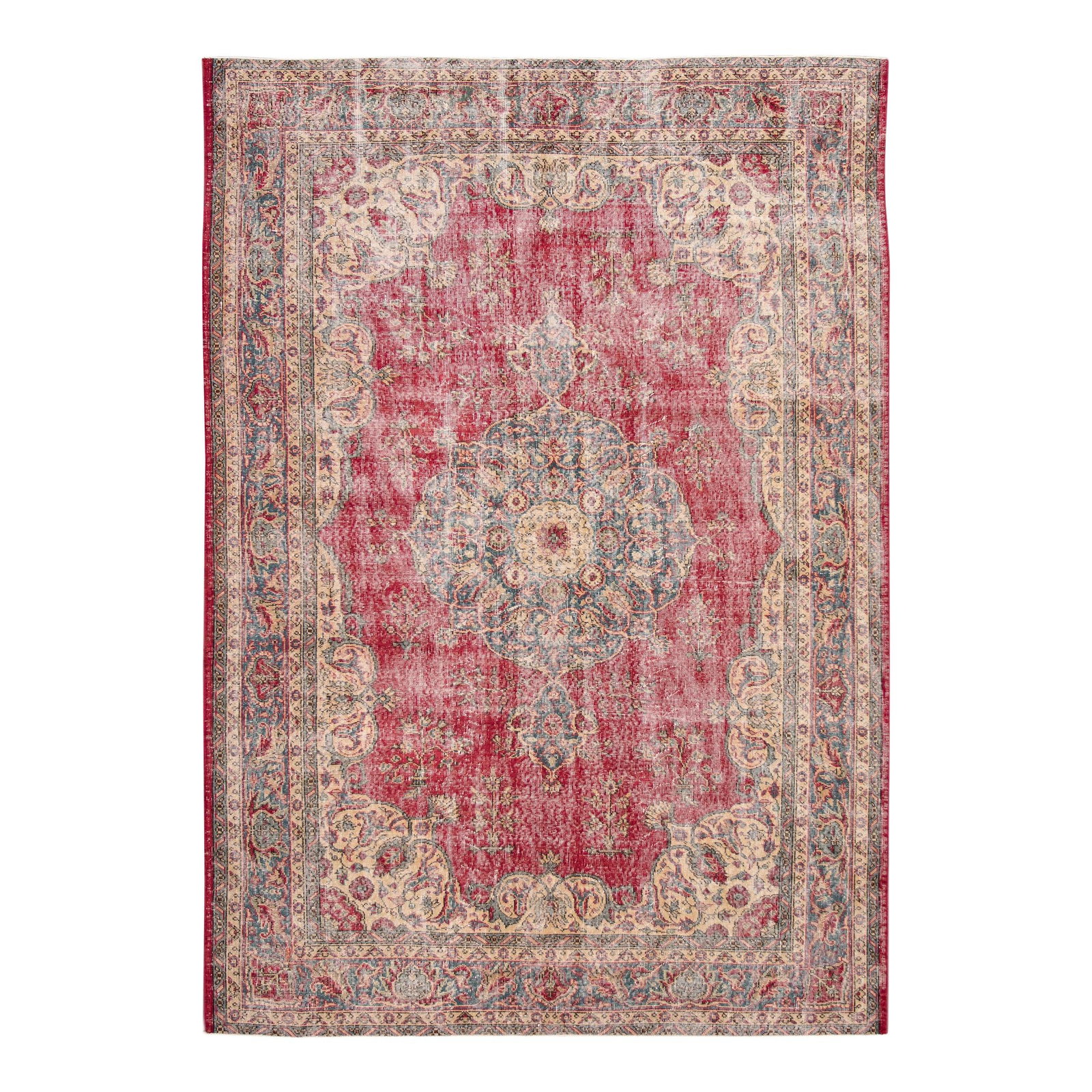 Vintage Turkish Sivas Red Medallion Wool Rug 6'9 x 9'10: Vintage Turkish Sivas Red Medallion Wool Rug 6'9 x 9'10 Enhance your space with this exquisite Vintage Turkish Sivas Handmade Wool Rug. Featuring a striking red field adorned with tan and blue accents