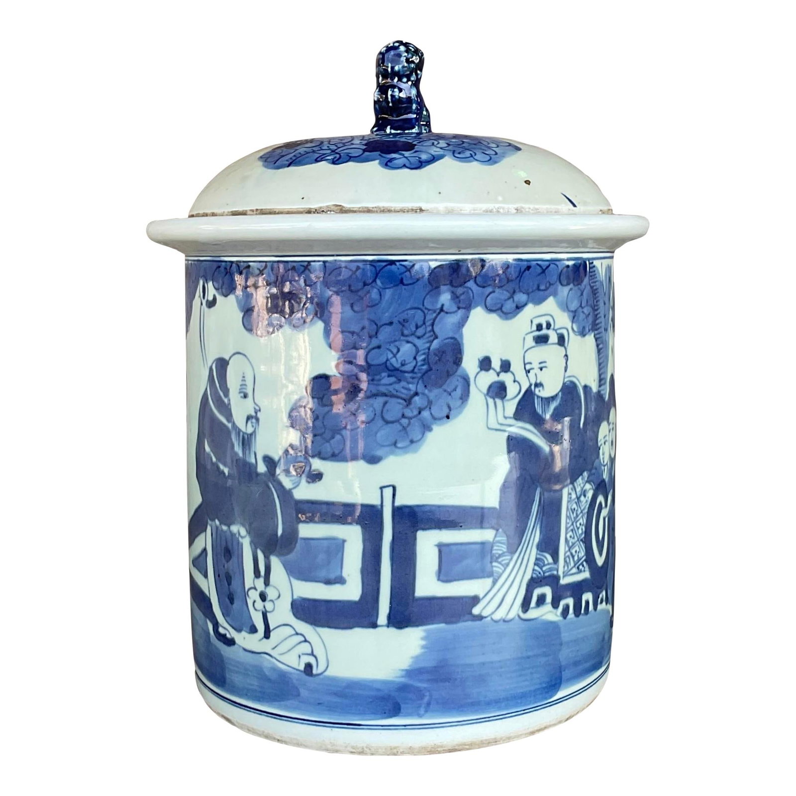 Vintage Asian Ceramic Blue and White Lidded Jar 10.75 x 14: Vintage Asian Ceramic Blue and White Lidded Jar 10.75 x 14 Enhance your space with this Vintage Asian Blue and White Lidded Jar, a beautiful representation of traditional Asian craftsmanship. The jar 