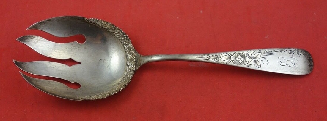 Antique Lily Engraved Sterling Silver Serving Fork 9.5 Inches by E. Kattlemann (1 of 2)