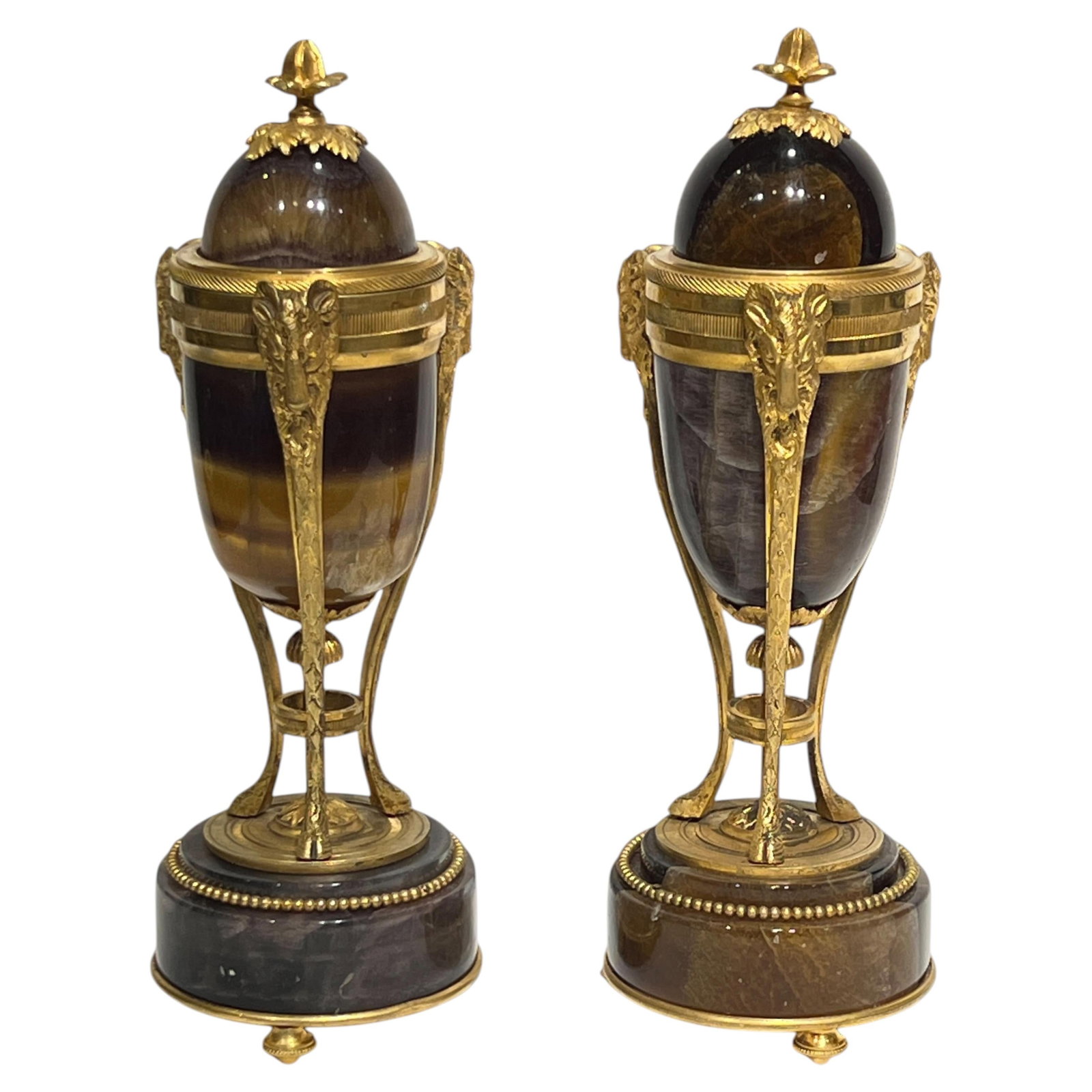 Set of 2 Neoclassical Blue John Stone and Gilt Bronze Candlesticks: Set of 2 Neoclassical Blue John Stone and Gilt Bronze Candlesticks A pair of neoclassical cassolette-form candlesticks in the manner of Matthew Boulton, crafted from gilt bronze and blue john fluospar