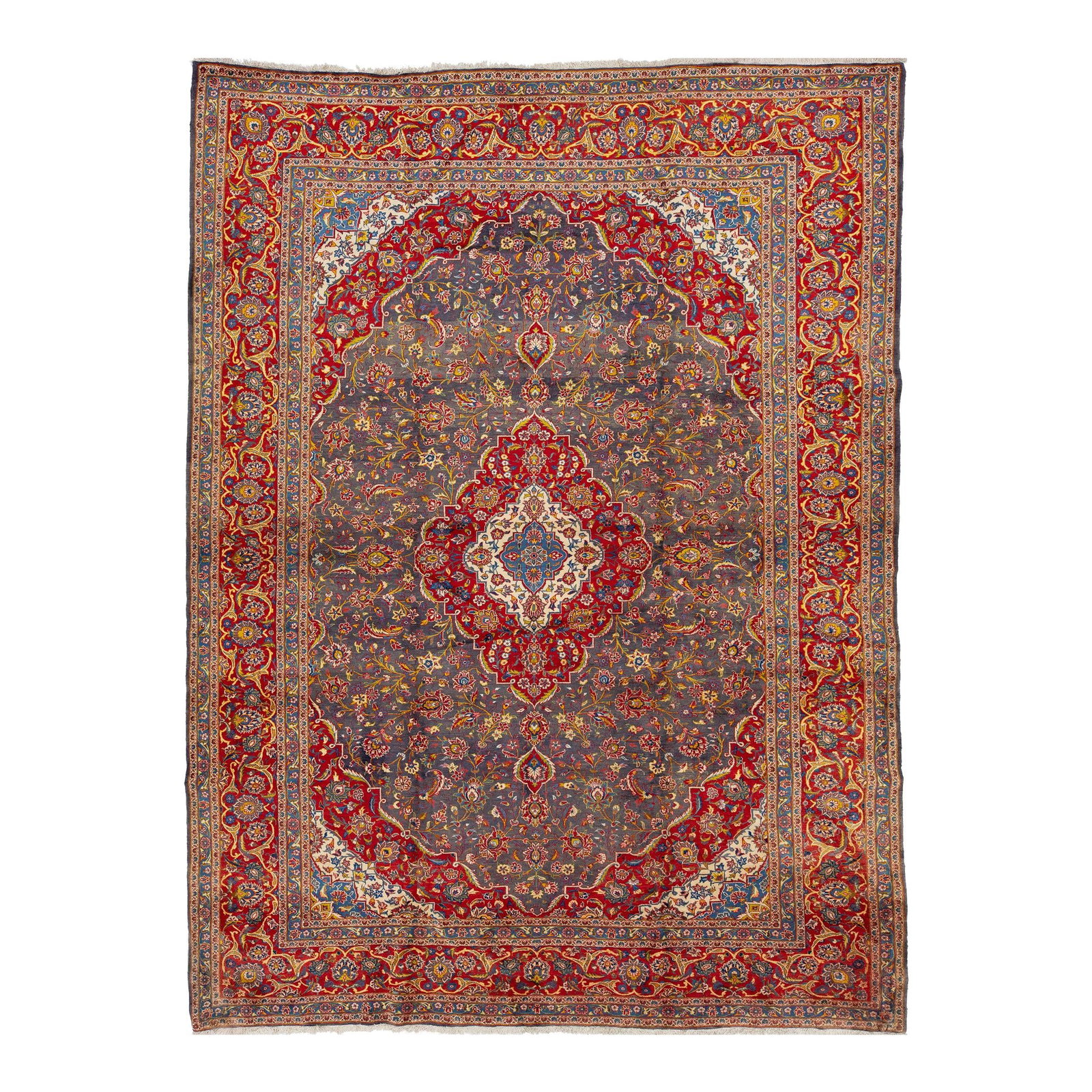 Vintage Kashan Hand-Knotted Wool Rug Gray 9'7 x 12'11: Vintage Kashan Hand-Knotted Wool Rug Gray 9'7 x 12'11 Enhance your space with this exquisite Vintage Kashan Medallion Wool Rug, showcasing a sophisticated gray field adorned with vibrant multicolor ac