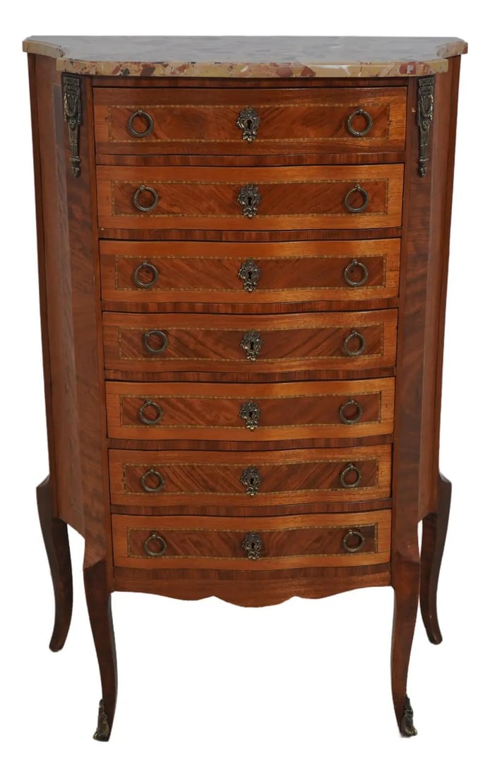Vintage French Louis XV 7 Drawer Chest with Marble Top: Vintage French Louis XV 7 Drawer Chest with Marble Top This exquisite Vintage French Louis XV Style Semanier Chest features a stunning marble top and is crafted with quality construction from the 1930