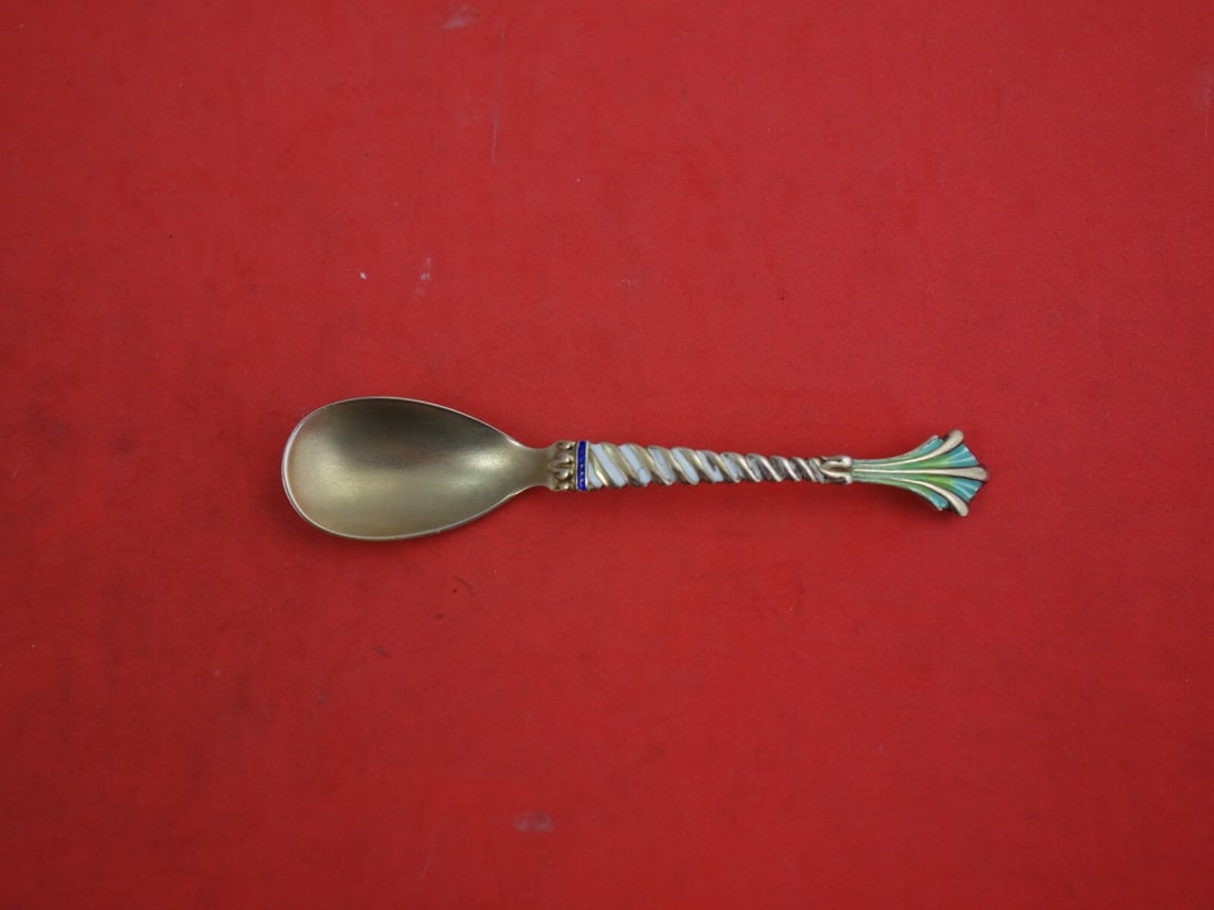 Shiebler Sterling Silver Egg Spoon Vermeil Enamel 4 Inch Monogrammed: Shiebler Sterling Silver Egg Spoon Vermeil Enamel 4 Inch Monogrammed This exquisite Shiebler sterling silver egg spoon features a stunning vermeil finish with vibrant blue, green, and white enamel acc