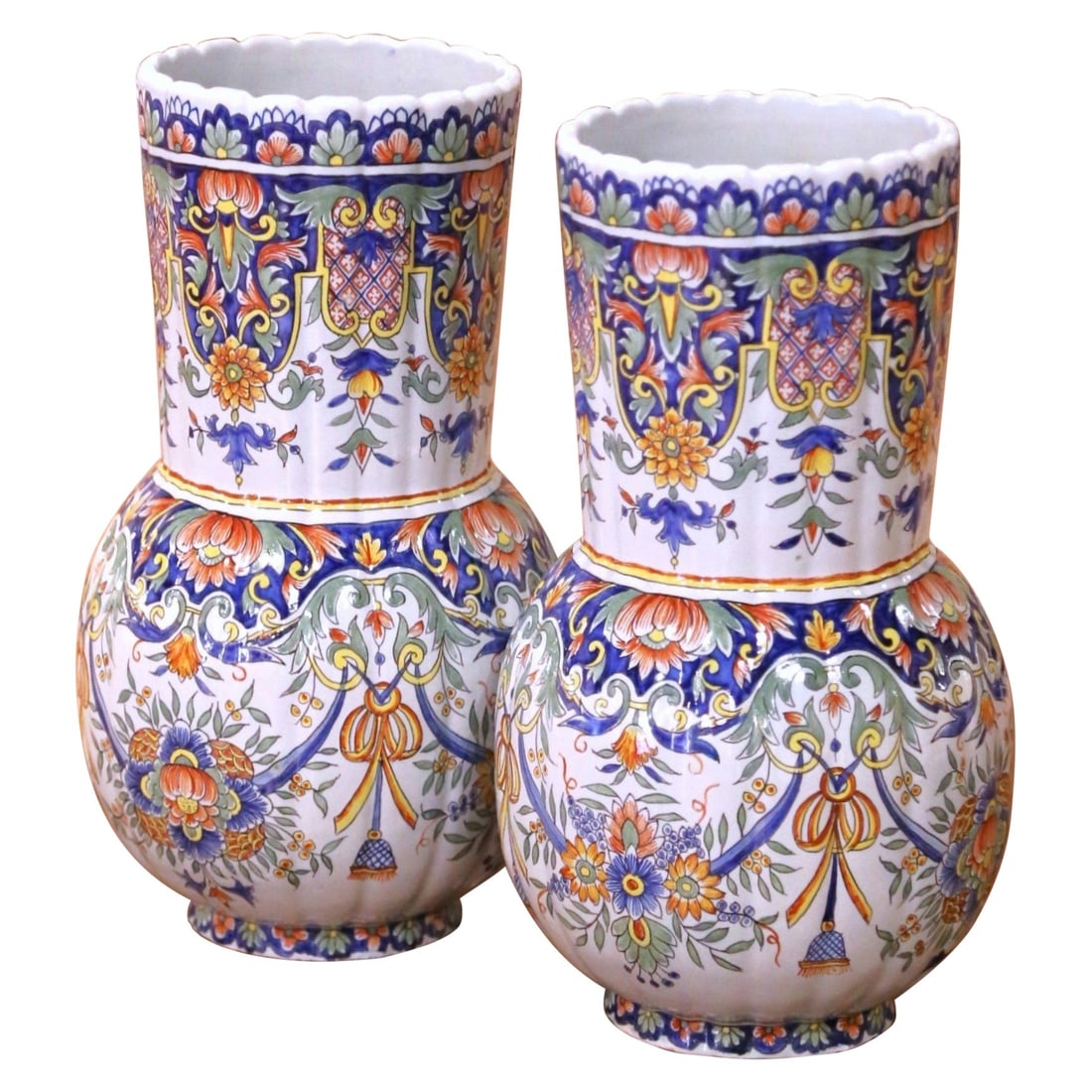 Set of 2 Desvres Faience Vases Rouen Taste 14.5 in: Set of 2 Desvres Faience Vases Rouen Taste 14.5 in This elegant pair of late 19th-century French Desvres faience vases showcases the Rouen taste, featuring hand-crafted and hand-painted ceramic artist