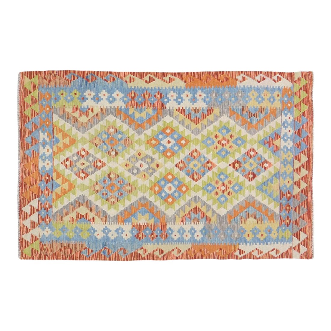 3'4 x 5'2 Wool Kilim Rug Handwoven Maimana Afghan Flatweave: 3'4 x 5'2 Wool Kilim Rug Handwoven Maimana Afghan Flatweave This Afghan Maimana kilim is a hand-woven flatweave rug crafted from wool and dyed with organic colors. It features a red color palette and 