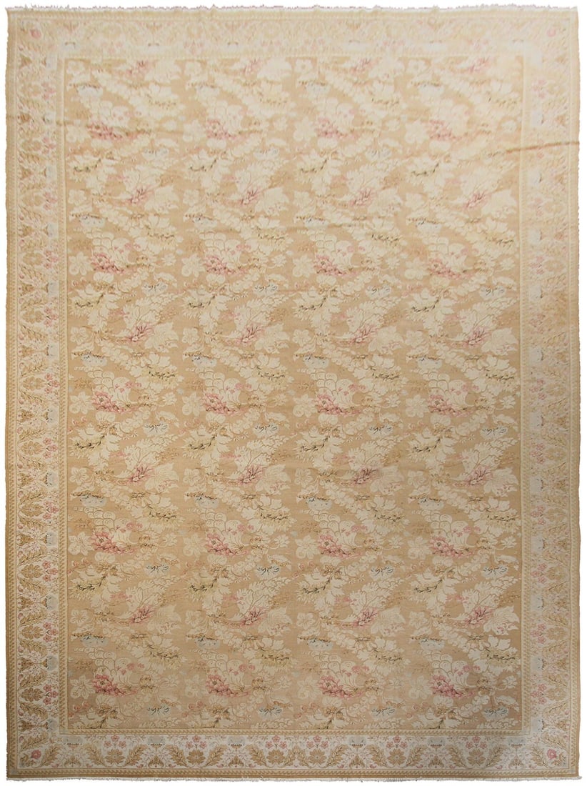 13x23 Hand Knotted Turkish Oushak Wool Area Rug Beige: 13x23 Hand Knotted Turkish Oushak Wool Area Rug Beige Vintage oversized Turkish Oushak area rug in a traditional geometric design and beige overall tone. It is hand-knotted, handmade, and made of 100%