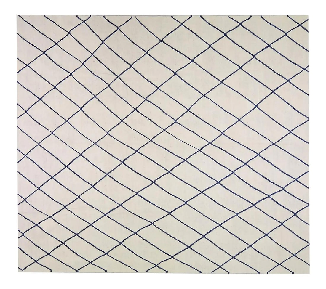 Moroccan Handwoven Wool Kilim Rug in Natural White 8'7 x 9'8 Tribal Design: Moroccan Handwoven Wool Kilim Rug in Natural White 8'7 x 9'8 Tribal Design This vintage Moroccan tribal kilim features a hand-woven construction with natural colors and a fine weave. Made from wool, i