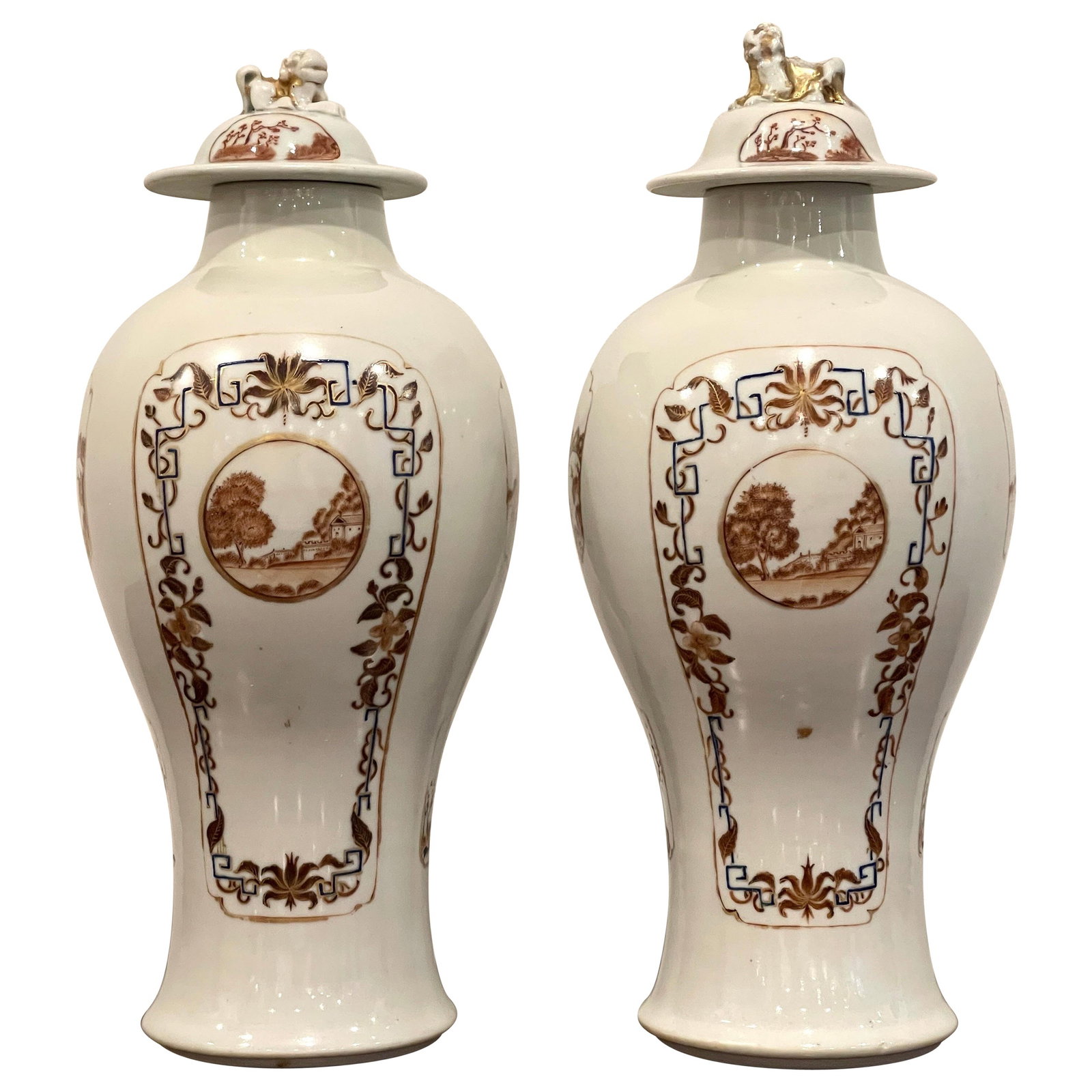 Set of 2 Early 19th Century Chinese Export Landscape Vases with Gilt Covers: Set of 2 Early 19th Century Chinese Export Landscape Vases with Gilt Covers This exquisite pair of Chinese Export Porcelain vases and covers, dating back to the early 19th century, showcases a captiva