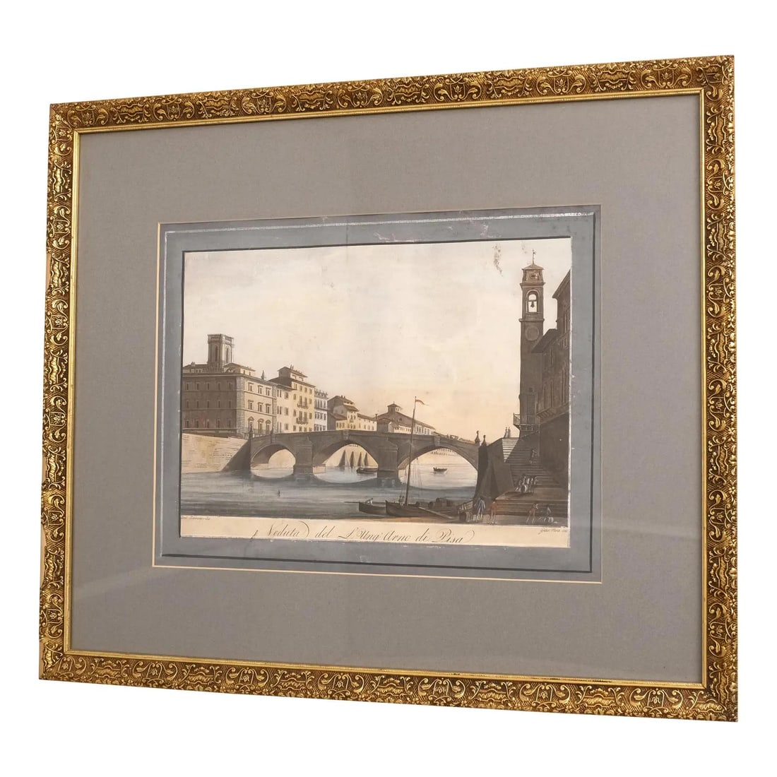 Signed Early 19th Century Framed Italian Canal Watercolor Engraving: Signed Early 19th Century Framed Italian Canal Watercolor Engraving This exquisite early 19th-century watercolor engraving depicts a serene Italian canal scene. The artwork features high-quality const