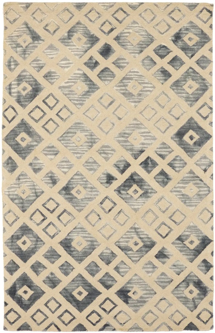 Geometric Wool Area Rug 5x8 Modern Hand-Tufted Cream and Gray: Geometric Wool Area Rug 5x8 Modern Hand-Tufted Cream and Gray This hand-tufted area rug features a modern geometric pattern in cream and gray tones. Made from wool, the rug offers a high pile height a
