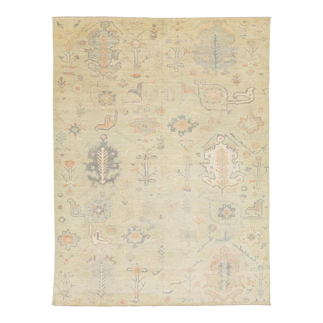 Hand-Knotted Wool Rug in Modern Oushak Style Sage Terracotta 8'11" x 11'10": Hand-Knotted Wool Rug in Modern Oushak Style Sage Terracotta 8'11" x 11'10" This hand-knotted Modern Oushak Style area rug showcases a harmonious blend of traditional Anatolian motifs with a contempor