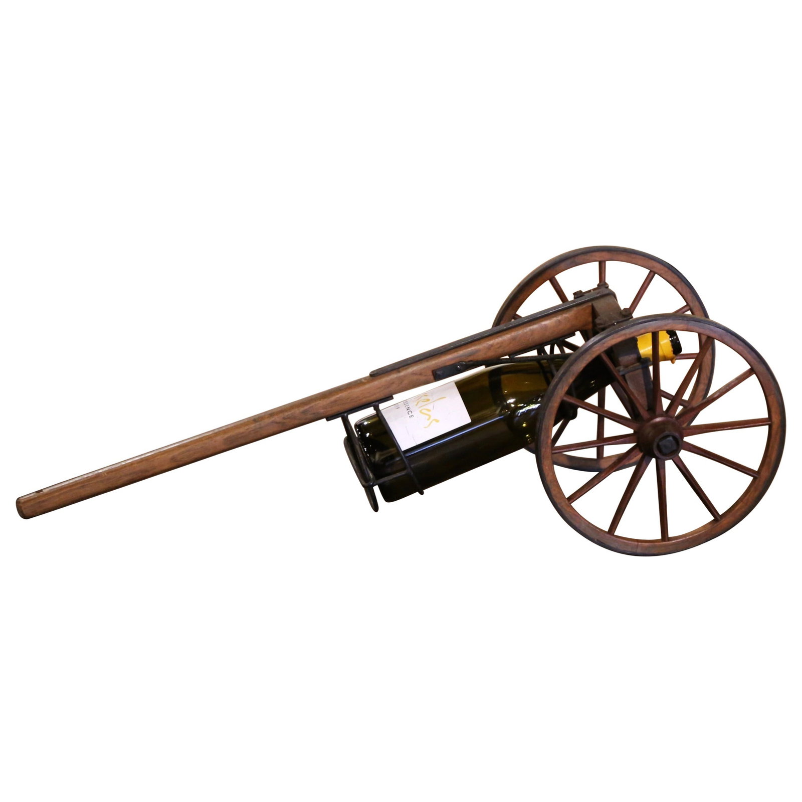 French Oak Iron Wine Bottle Trolley circa 1920: French Oak Iron Wine Bottle Trolley circa 1920 This early 20th-century French wine bottle carrier trolley is crafted from solid oak and hand-forged iron, showcasing traditional craftsmanship from circ