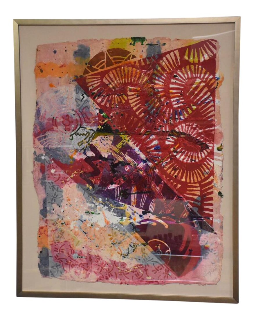 William Weege Arena Abstract Collage 1985 Framed Red Art: William Weege Arena Abstract Collage 1985 Framed Red Art This striking abstract collage by William Weege, created in 1985, features a unique relief design crafted from handmade paper and acrylic. The 