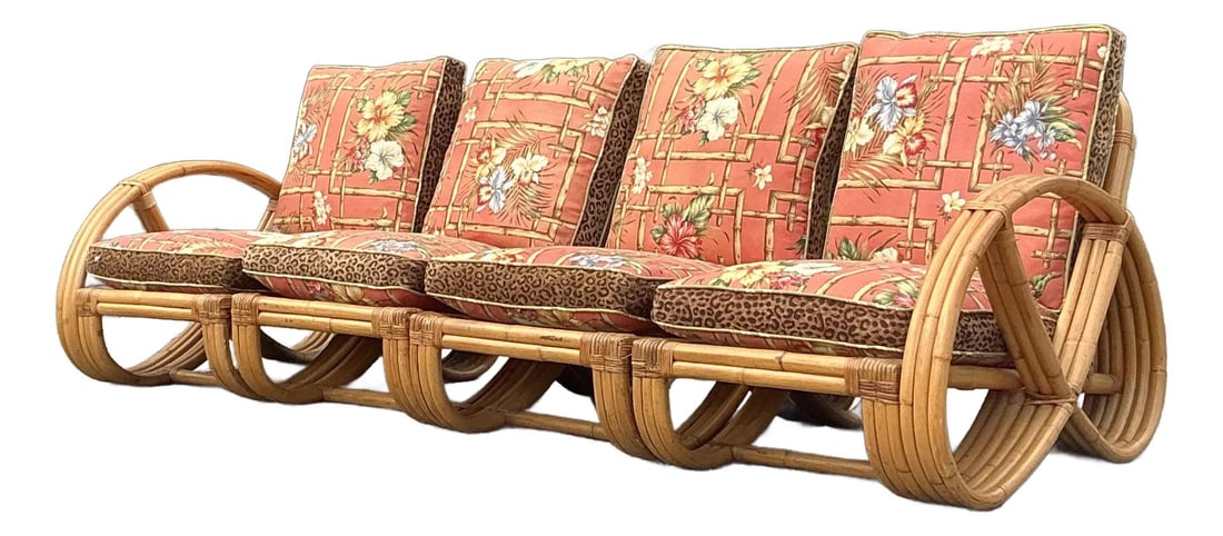 Vintage Coastal Rattan Sofa Inspired by Paul Frankl: Vintage Coastal Rattan Sofa Inspired by Paul Frankl Transform your space with this vintage coastal bent rattan sofa, inspired by the classic designs of Paul Frankl. Featuring elegantly curved rattan a