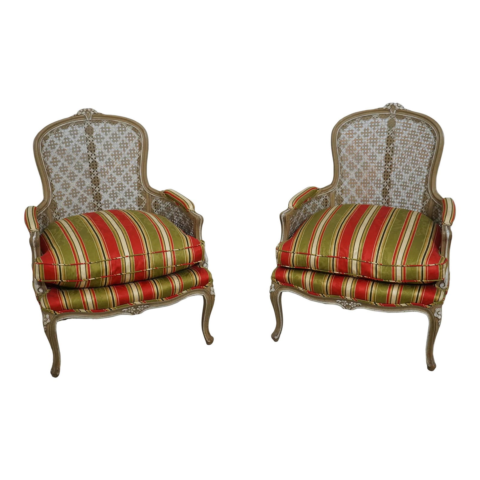 Elegant Pair of Louis XV Cane Back Bergere Chairs in Damask Upholstery: Elegant Pair of Louis XV Cane Back Bergere Chairs in Damask Upholstery This exquisite pair of Louis XV decorator cane back bergere chairs features a stunning painted finish and high-quality constructi