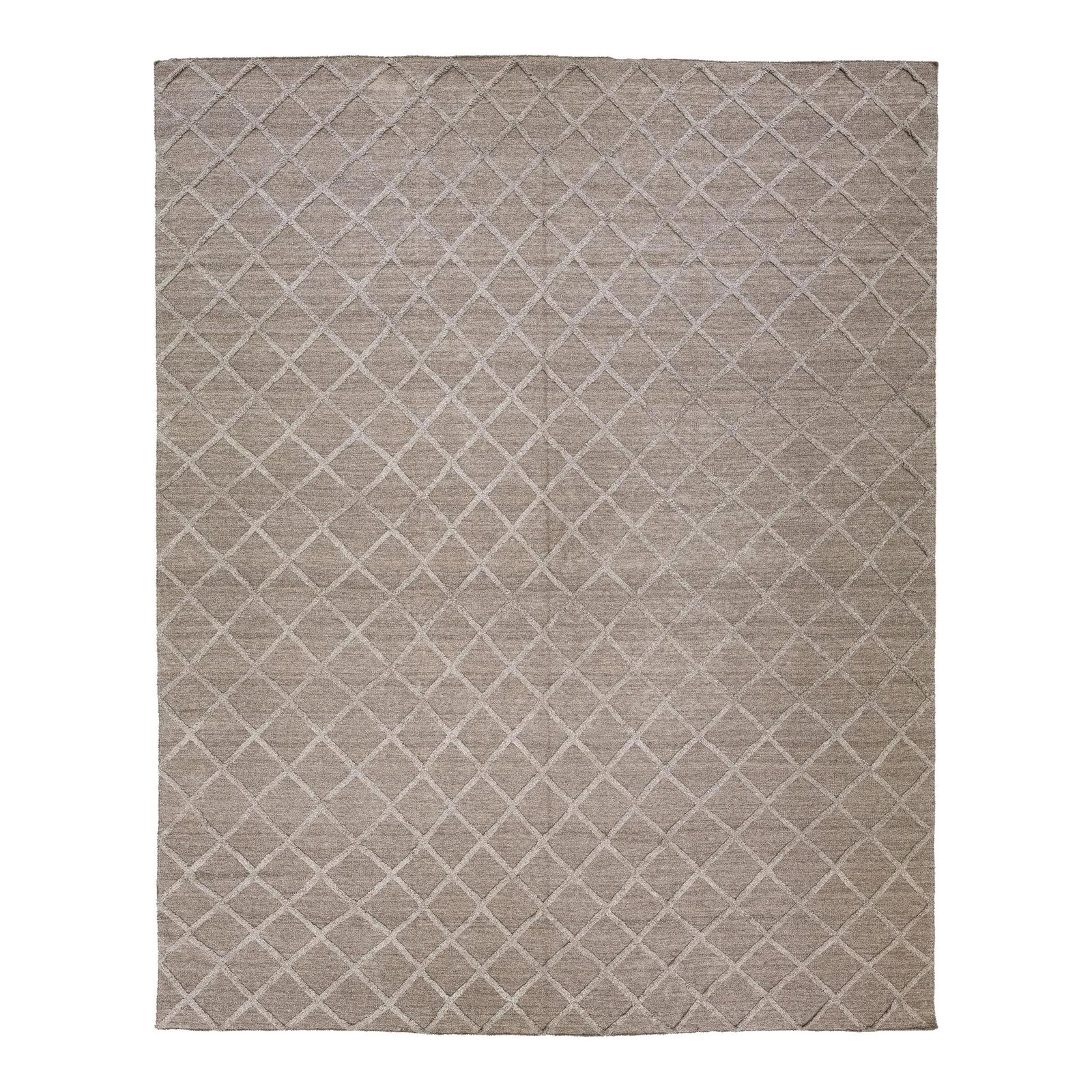 12'1 x 15'1 High-Low Kilim Wool Rug Trellis Design Brown: 12'1 x 15'1 High-Low Kilim Wool Rug Trellis Design Brown Enhance your living space with this stunning hand-knotted flat-weave kilim wool rug, featuring a beautiful light brown field adorned with an al