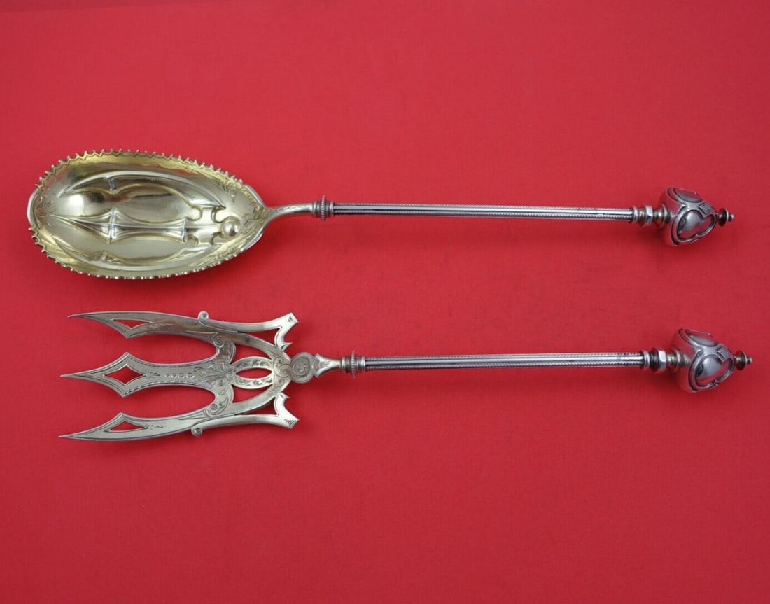 George Sharp Gothic Dome Sterling Silver Salad Serving Set 2pc: George Sharp Gothic Dome Sterling Silver Salad Serving Set 2pc Elevate your dining experience with this exquisite 2-piece salad serving set from the renowned George Sharp, featuring the elegant Gothic