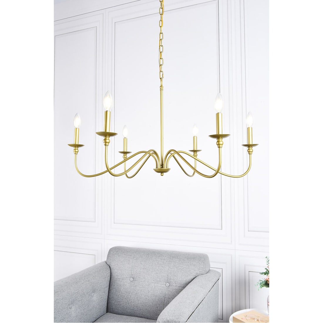 Living District Rohan 6 Light Brass Chandelier 36 inch: Living District Rohan 6 Light Brass Chandelier 36 inch This farmhouse-style chandelier features a brass color metal frame with six lights and a round shade shape, designed in the style of wrought iron