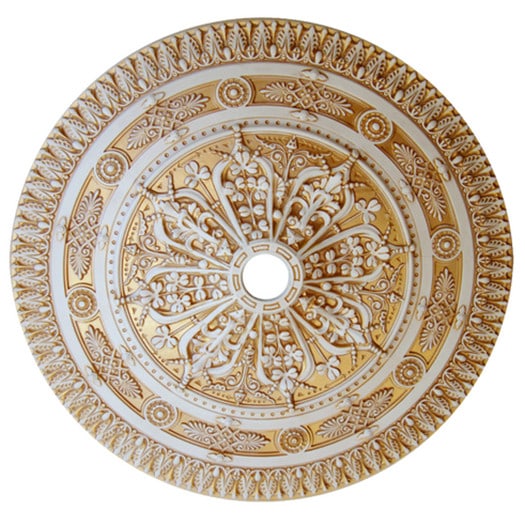 Artistry 38 Inch Antique White Round Ceiling Medallion: Artistry 38 Inch Antique White Round Ceiling Medallion This 38-inch round chandelier ceiling medallion features an antique white painted finish and is crafted from a specially formulated fiberglass re